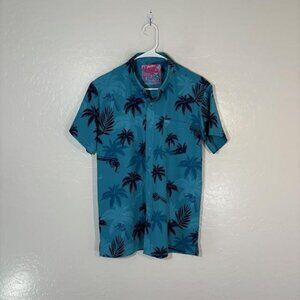 Retro Rifle Vice City Shirt Mens Medium Palm Tree Revolver Stretch Button Up